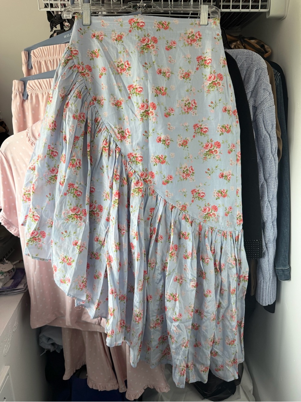 Abercrombie and Fitch Floral Ruffled Midi Skirt — Light Blue with Pink Roses